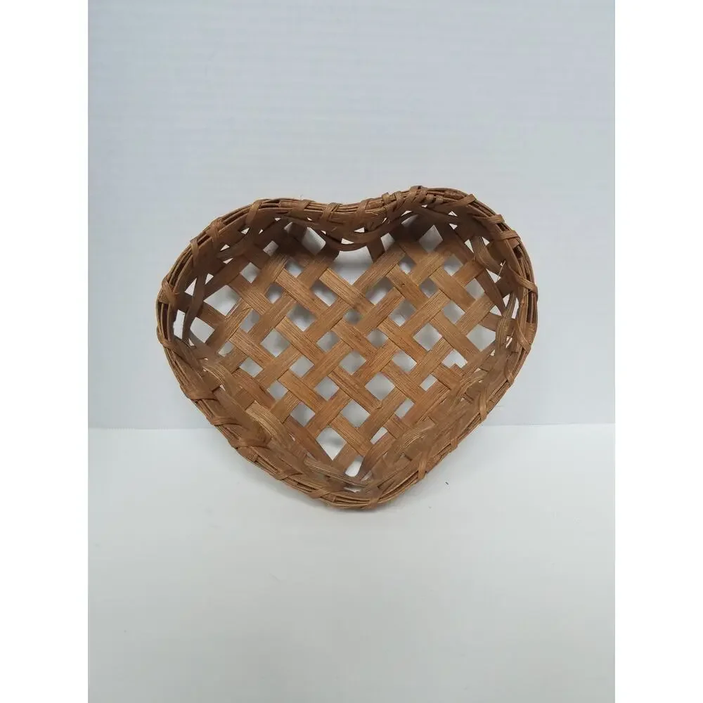 Vintage Hand Woven Wooden Slint Heart Shaped Basket Country Cottage Core